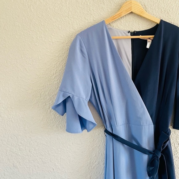 Hutch Asymmetrical Blue and Purple Wrap Midi Dress - Picture 3 of 14